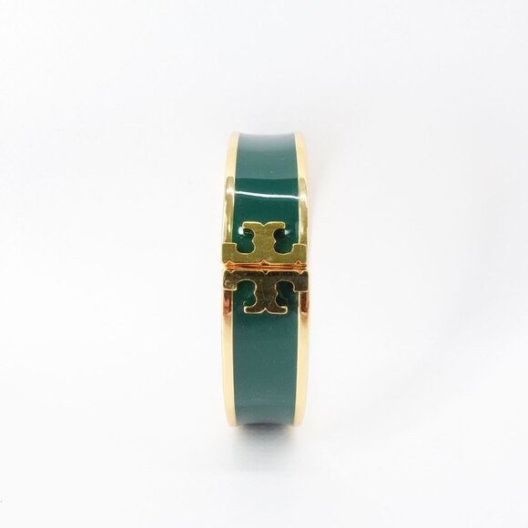 Tory Burch Enameled Kira Logo Hinged Bracelet Gold/ Green OS - Picture 2 of 12
